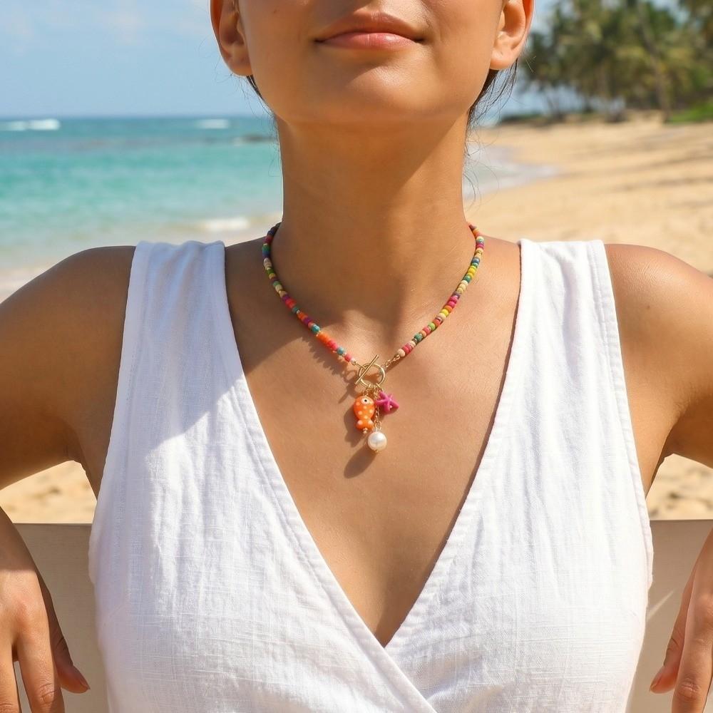 Dopamine Bohemian Starfish Pendant Necklace OT Buckle Beach Jewelry Beaded Choker Casual Wear