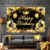 Of Elegant Happy Birthday Golden Crown Anniversary Banner, Hard-wearing Polyester, Gold & Black Theme with Balloons, Stars,motif, Perfect for Party