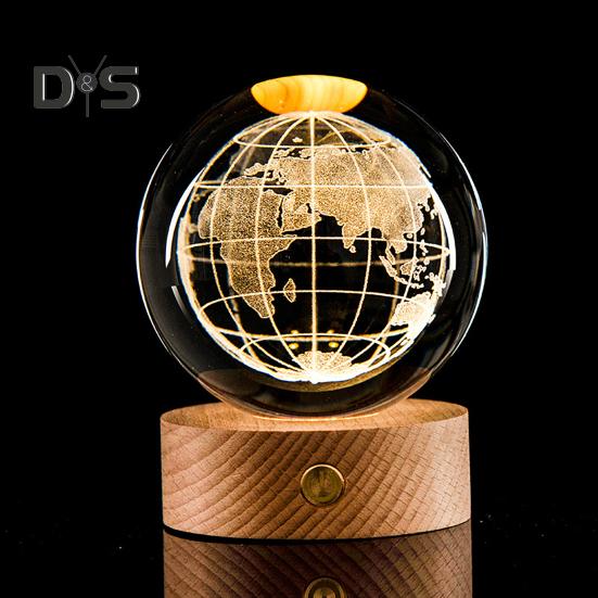 3D прозрачный шарообразный светильник, искусственный хрустальный шар, ночник с деревянной основой, работающий от USB, для декора спальни, гостиной