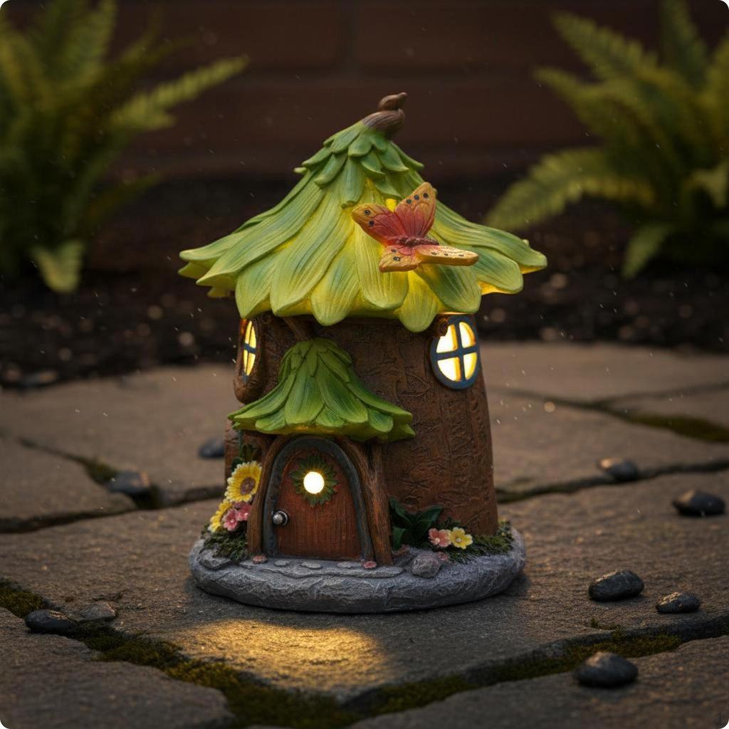Storybook Shelter LED Solar Resin Cottage Sculpture for Garden, Yard, Patio