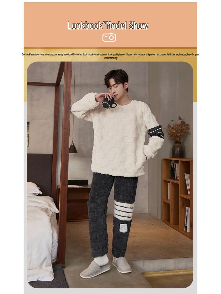 Men's Winter Flannel Pajamas - Thick Plush Coral Fleece Long Sleeve Set