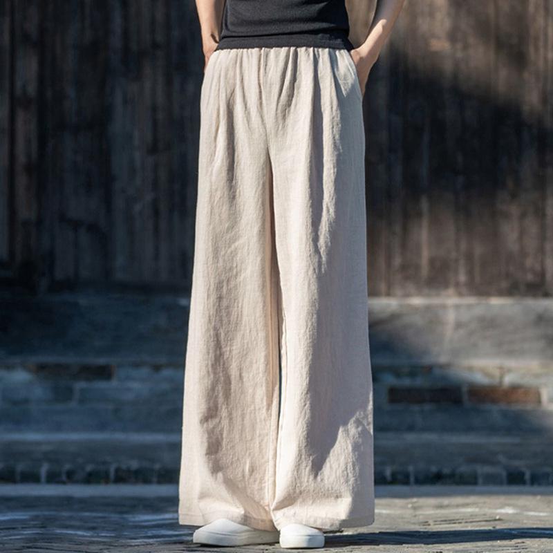 Хлопково-льняные брюки широкого кроя в гонконгском стиле: Трендовая, Удобная, Омолаживающая, Женская мода Весна-Лето больших размеров