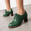 FOREADA Women PU Leather Pumps Round Toe Thick High Heels Lace-up Concise Design Ladies Fashion Shoes Spring Autumn Green Black 44