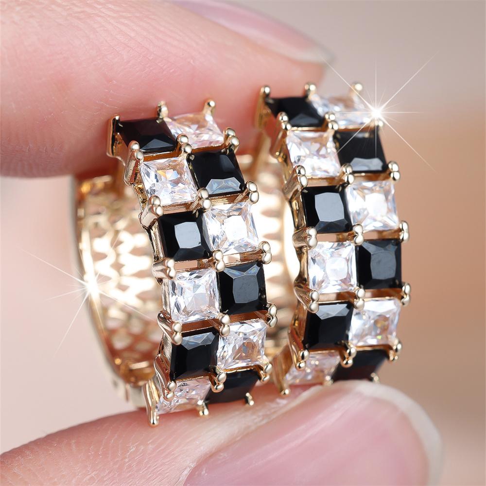 Черный Кристалл Белый Циркон Шахматная Квадратная Камень Серьги-Кольца для Женщин Винтажный Золотой Цвет Ушная Пряжка Свадебные Ювелирные Изделия Подарки