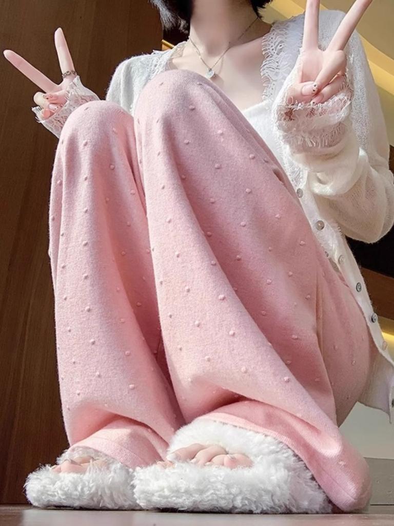 Вязаные брюки широкие штанины для женщин на осень и зиму, ленивый стиль, высокая посадка, свободные прямые штанины, мягкие рисового цвета, длиной до пола