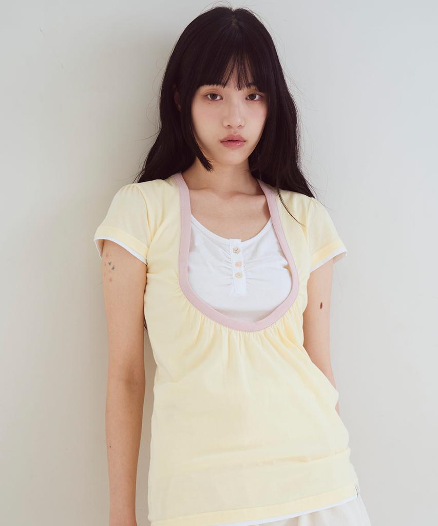 OAFISH Shirring U Neck T-Shirts, Yellow