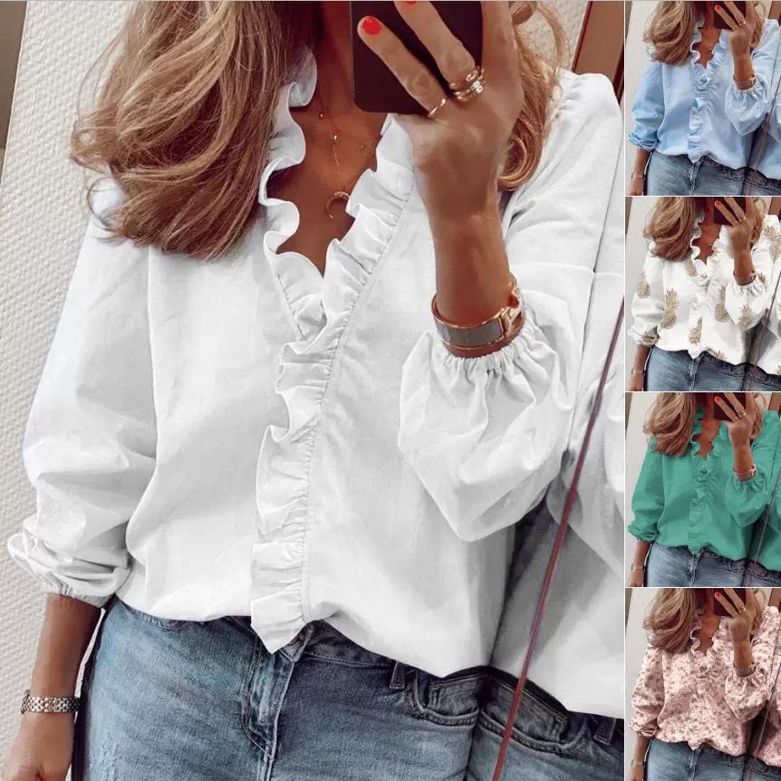 Spring and Summer New European and American Long Sleeved Ruffled Shirt Women's Shirt