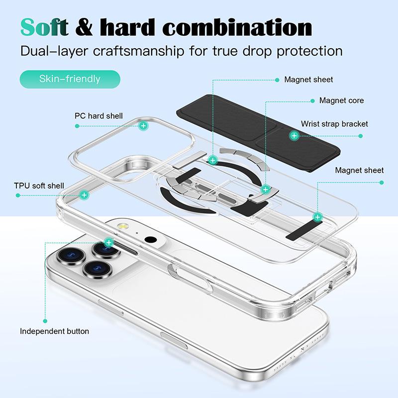 Чехол для iPhone 17 Pro Max со складной подставкой, кристальным ремешком на запястье, магнитный, прозрачный и ударопрочный.
