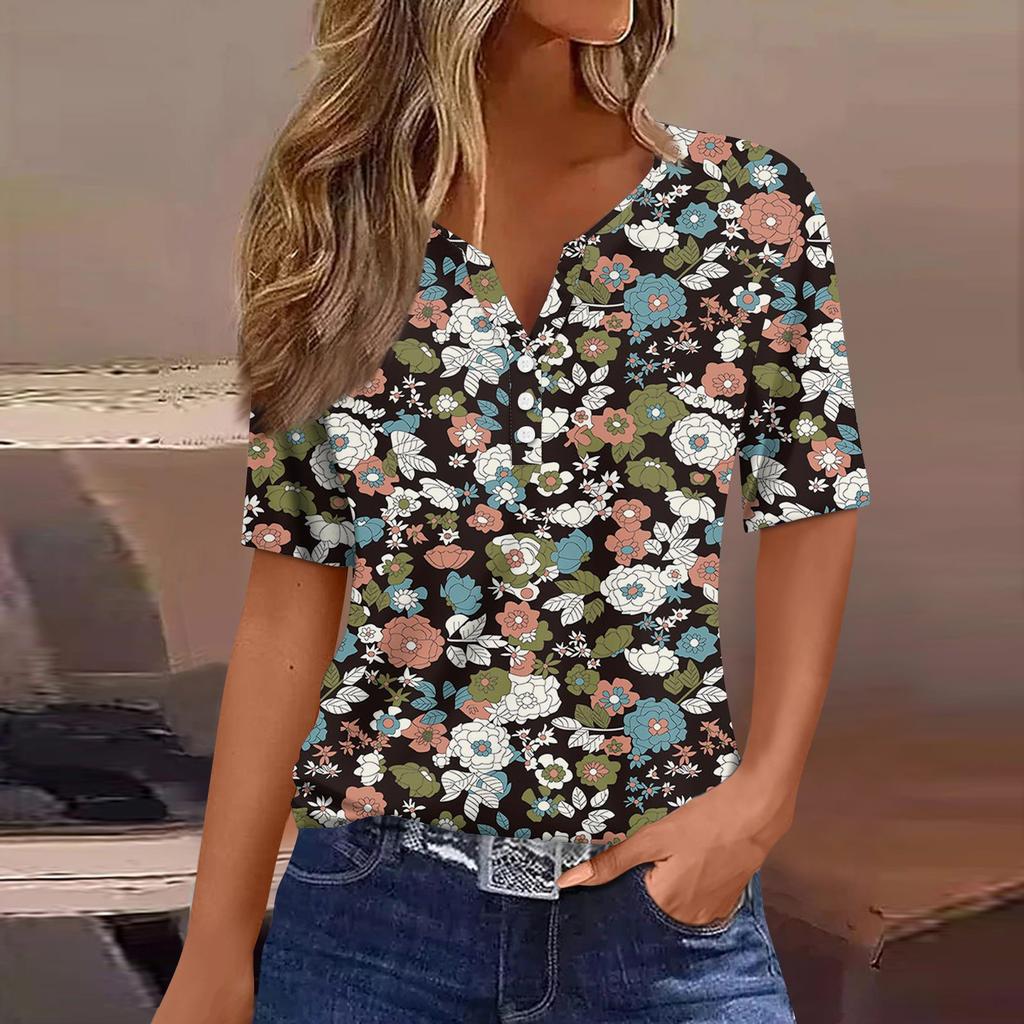 Women's T Shirt Tee Print Button Short Sleeve Daily Weekend Fashion Basic V- Neck Regular Top