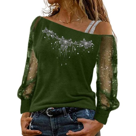 Осень-весна, женский топ, прозрачная сетка, лоскутное шитье, блестящие блестки, стразы, диагональный воротник, свободный длинный рукав, цветочный узор, одно плечо, плюс