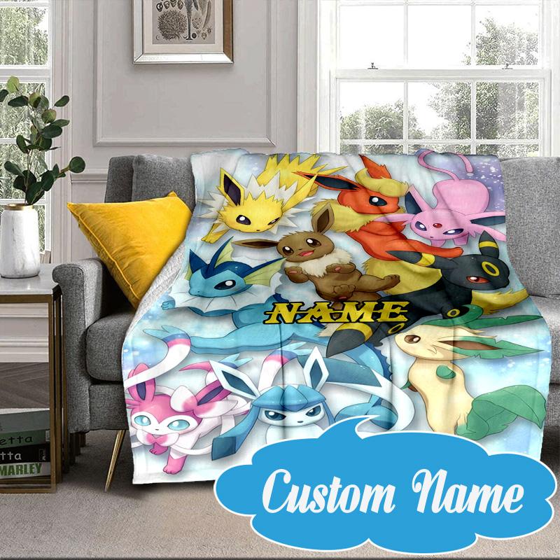 Custom Name Blanket Poke Eeveelutions Flannel blankets Patterns Throw Blanket All-Season Soft Gift for Couch, Bed, Camping Birthday gifts