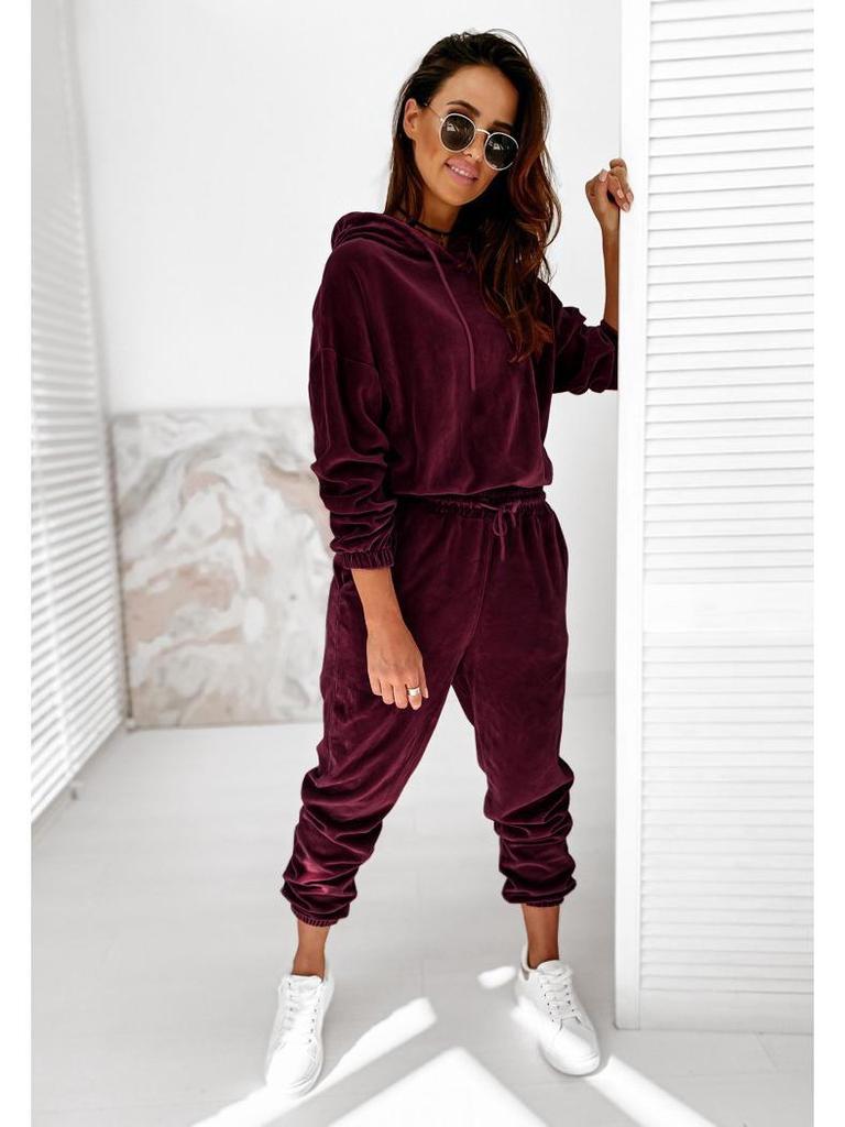 Женский однотонный повседневный костюм из золотистого бархата с капюшоном - Осень/Зима 2021