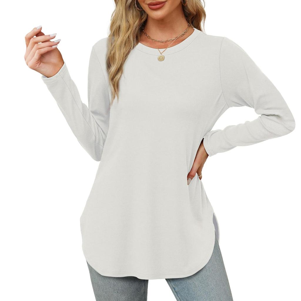 Womens Long Sleeve Round Neck Shirts Side Split Basic Loose Tunic Tops Casual Shirts