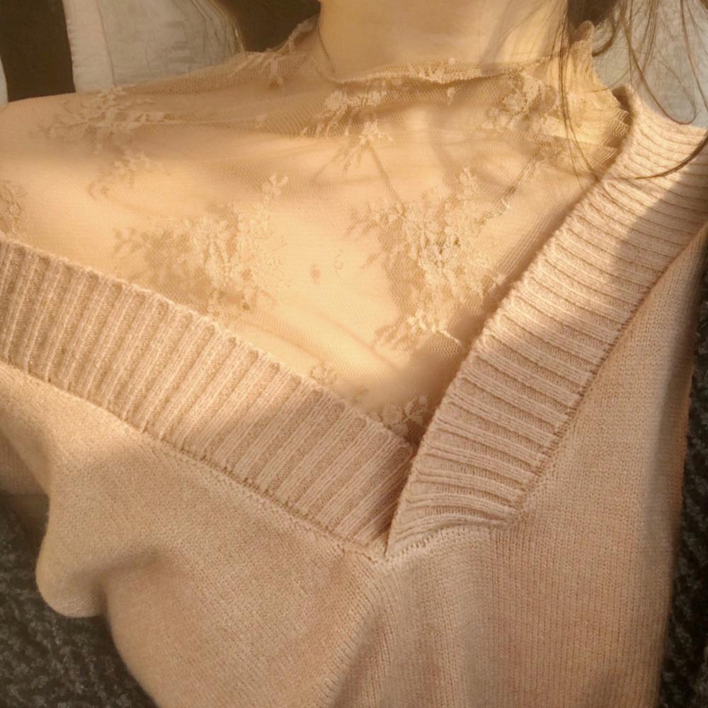 Long Sleeve Lace Bottomed Blouse Hollow Lace Floral Shirts Elegant See Through Tops Girls