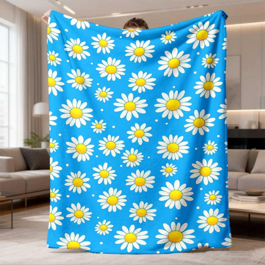 1pc Suige Home Cozy Daisy Print Flannel Blanket | Soft Warm All-Season Throw, Contemporary Blue & Yellow Floral Design for Couch, Bed, Sofa, Travel &