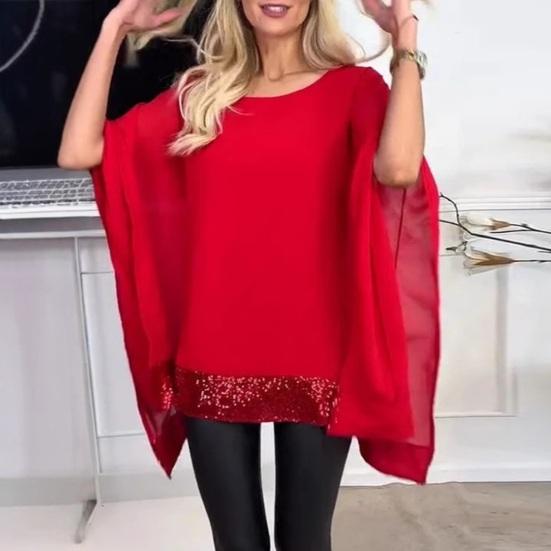 Женские топы с пайетками и нерегулярным дизайном, свободные шаль-пуловеры, топы с круглым вырезом и рукавами «летучая мышь»