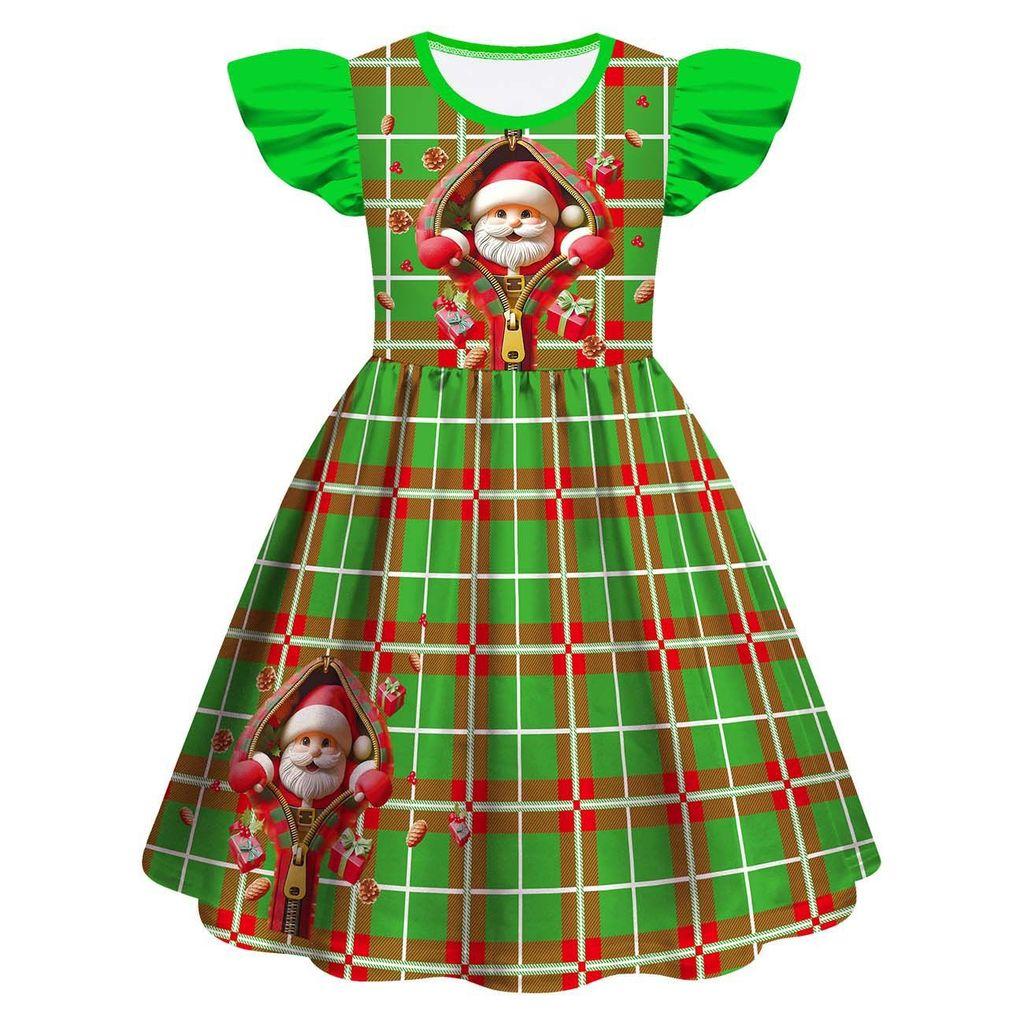 Kids Girls Cartoon Santa Claus Christmas Tree Elk Print Ruffle Sleevess New Year Dress