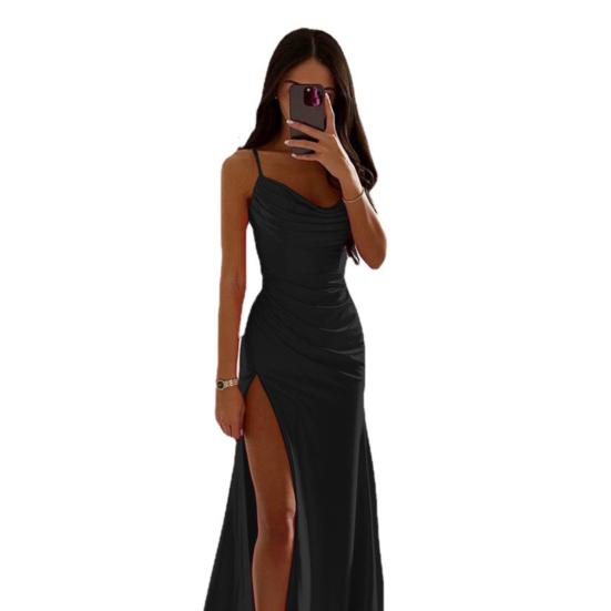 Женское вечернее платье с разрезом по бокам, плиссированное, с открытой спиной, облегающее платье макси на тонких бретельках, с глубоким вырезом, без рукавов, платье-комбинация А-силуэта для вечеринки