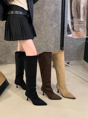 Ненавижу заоблачные эластичные ботинки, ботинки на высоком каблуке с острым носком, замшевые ботинки на тонком каблуке с молнией до колена