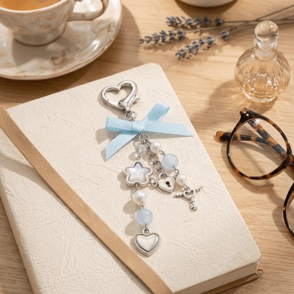 Bowknot Heart Beaded Pendant Star Beaded Lanyard Y2k Heart Keychain  Women Accessories