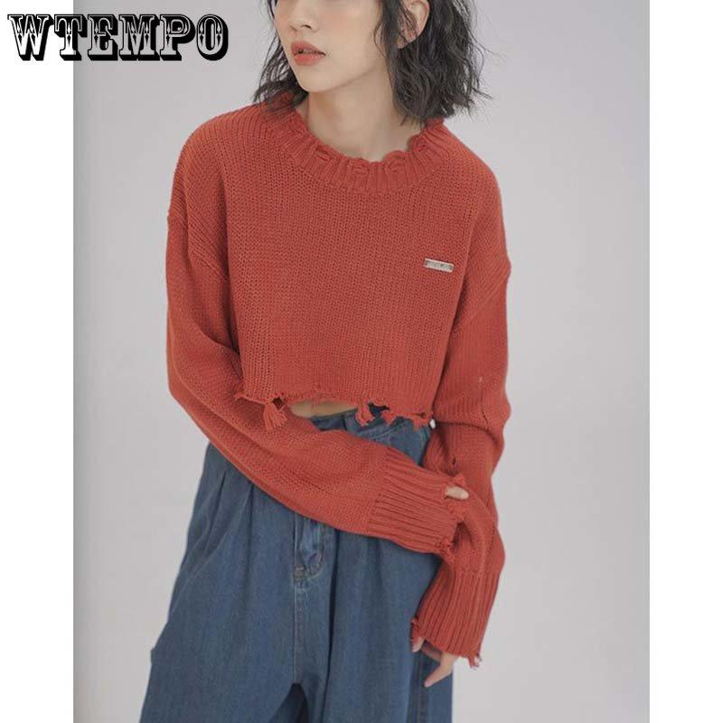 Cropped Knitted Pullovers Women Long Sleeve O-Neck Short Sweaters Girl's Solid Color Casual Irregular Jumpers Streetwear