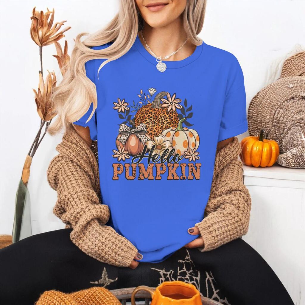 Футболка Hello Pumpkin FeУнисекс Хэллоуин Осень Леопард Тыква Кокетка Бант Графические Футболки Жуткий Сезон Футболка с коротким рукавом Топ
