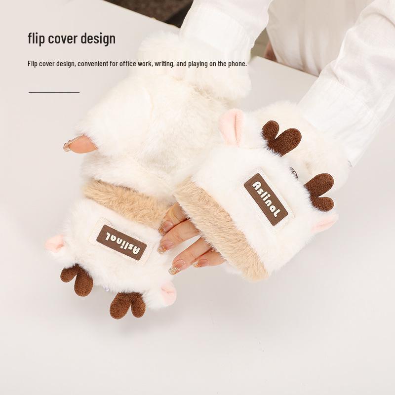 Женские зимние теплые перчатки с откидными пальцами и цветными блоками с оленями - на флисовой подкладке, утолщенные и морозостойкие для письма и езды на велосипеде