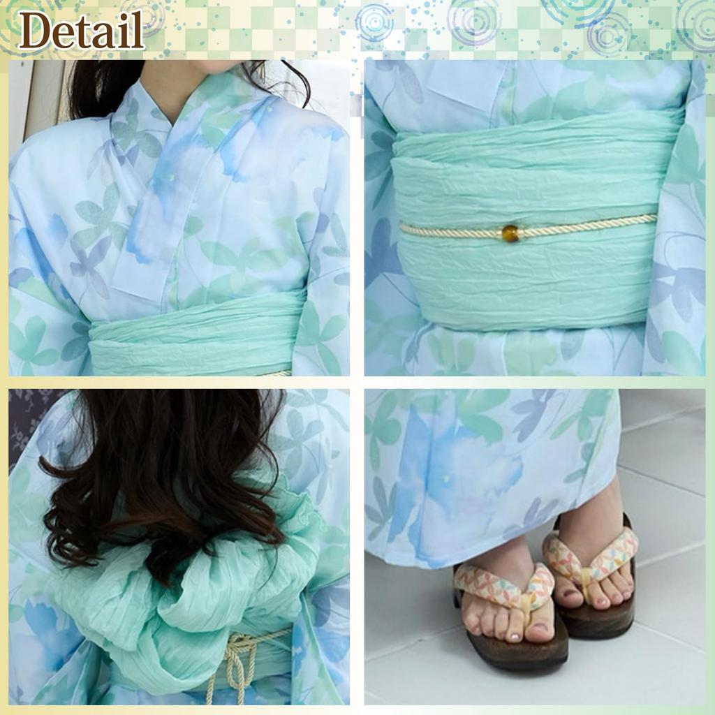 RAVIR Yukata Light Blue with Abstract Floral Fluffy Obi and Geta One Size Fits All Women's 3-Piece Set, Pattern, Belt, Sandals,