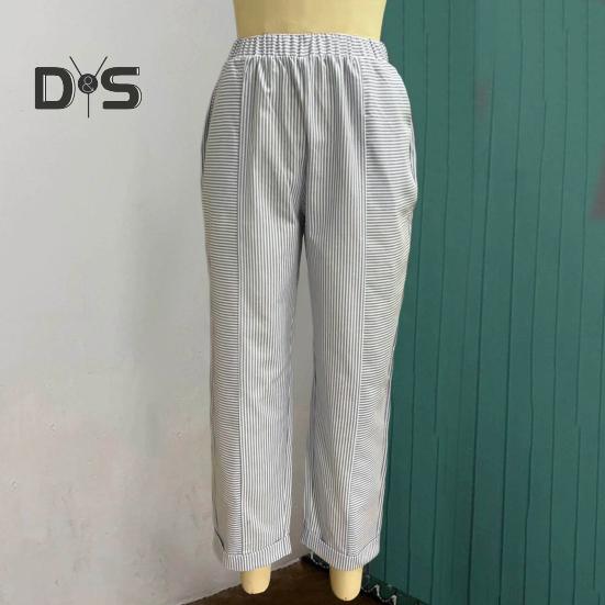 Женские повседневные брюки с эластичной талией и средней посадкой, летние жаккардовые длинные брюки с карманами, полосатые брюки свободного кроя