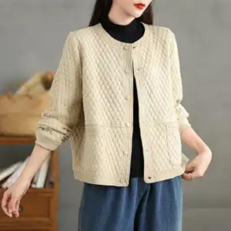 Модное Повседневное Хлопковое Худи с Алмазным Узором Короткая Куртка Женская Омолаживающая Приталенная С Круглым Вырезом С Длинным Рукавом Кардиган