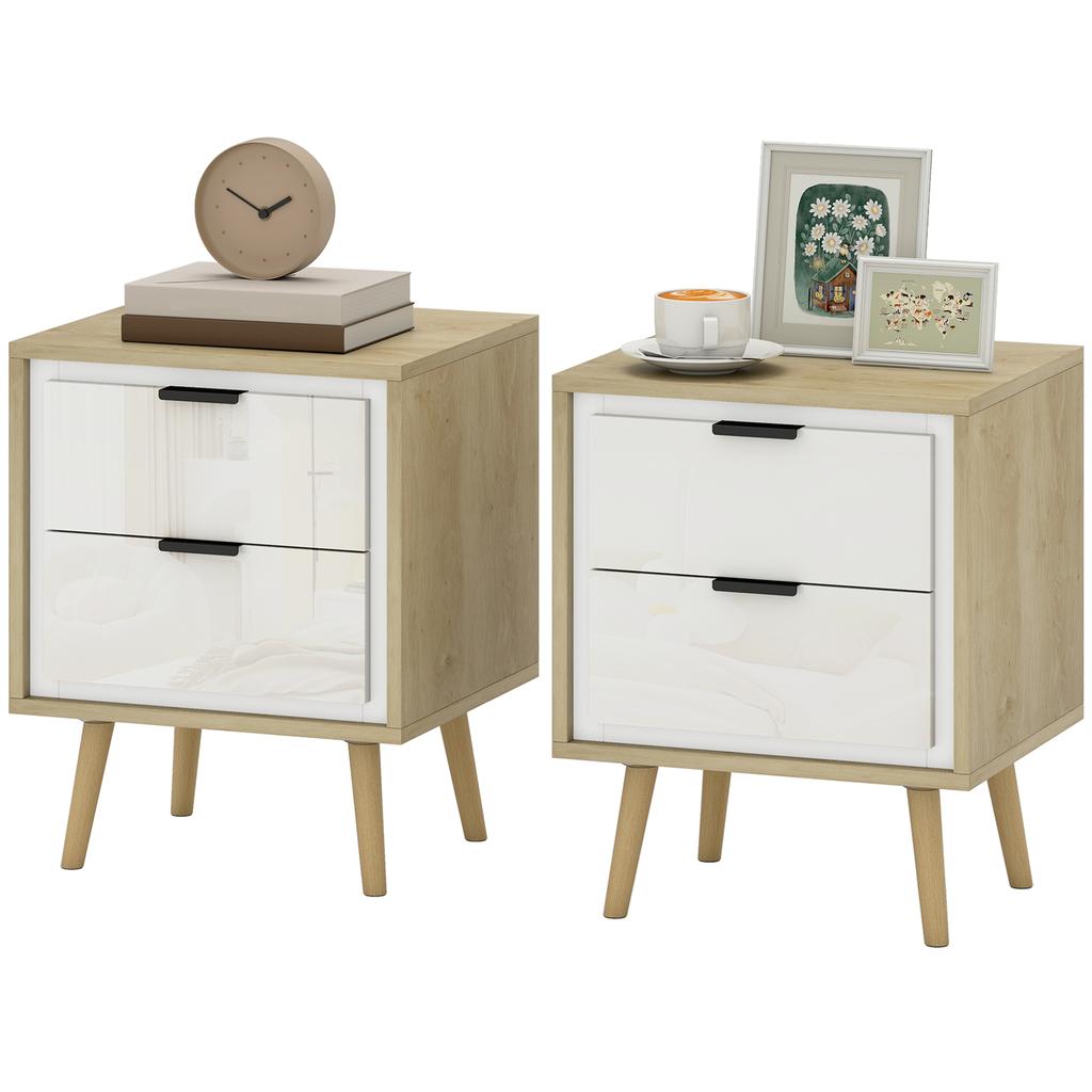 Set of 2 Modern Nightstands with 2 Drawers with Silent Sliding 40x35x50 cm Gloss White and Oak