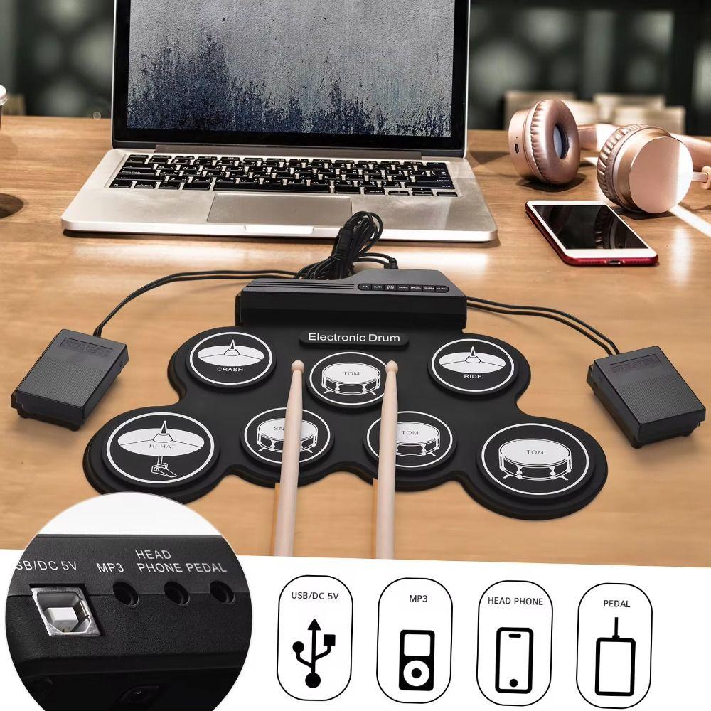 1 Box USB Portable Electronic Drum 7-Pads Folding Music Drums for Beginner Boys Girls