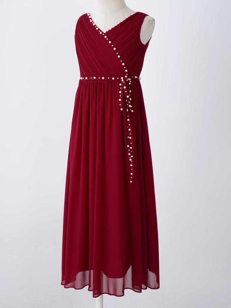 Flower Girls Dress Elegant Beaded Chiffon Party Summer Dress Ruched V Neck Sleeveless Dress for Bridesmaid Wedding
