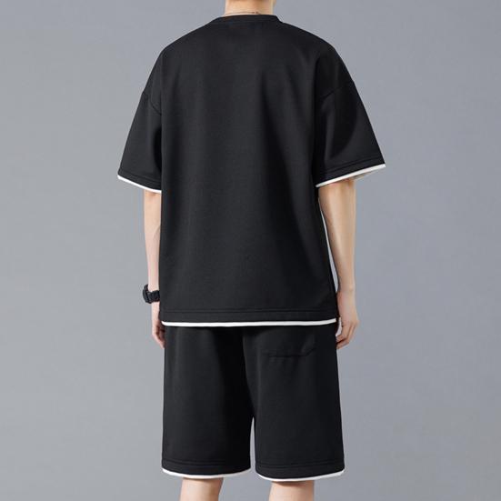 Мужской летний наряд из 2 шт./компл., футболка с коротким рукавом и круглым вырезом, эластичная талия, регулируемый шнурок, широкие шорты, комплект, поддельные