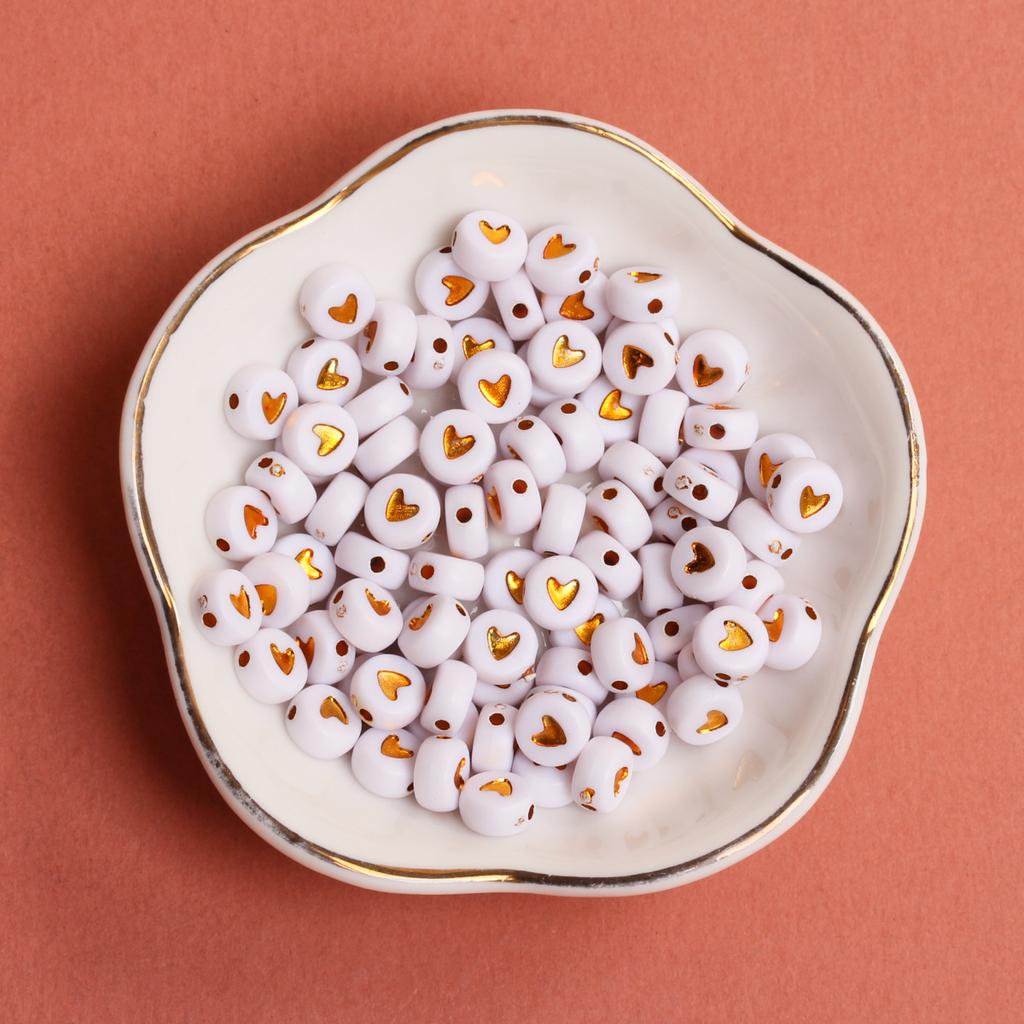 50Pcs Acrylic Keychain Loose Beads Jewelry Making Necklace 6.5mm Flat Round Bracelet DIY Materials Earrings Fashion Spacer Accessories Heart Pattern