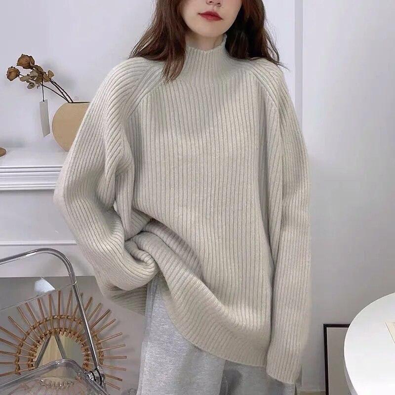 High Pullover Neck Women Sweater Autumnwinter Solid Long Sleeve Loose Winter Bottom Knit Sweater Pullover Female Tops