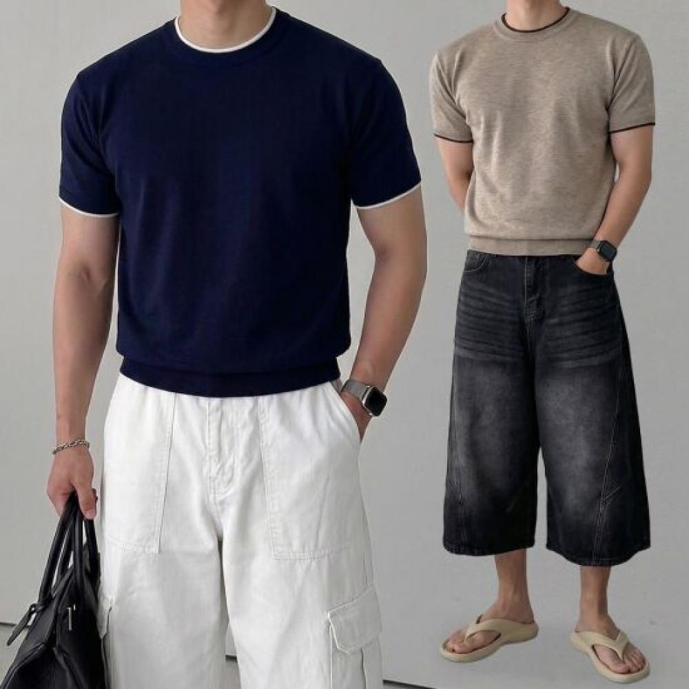 Onl Men Ringer V Neck Crop Short sleeVe Knit Muscle Fit