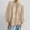 French acetic acid wrinkle small stand-up collar bubble sleeve women's shirt 1116 European and American spring and summer fashion loose top