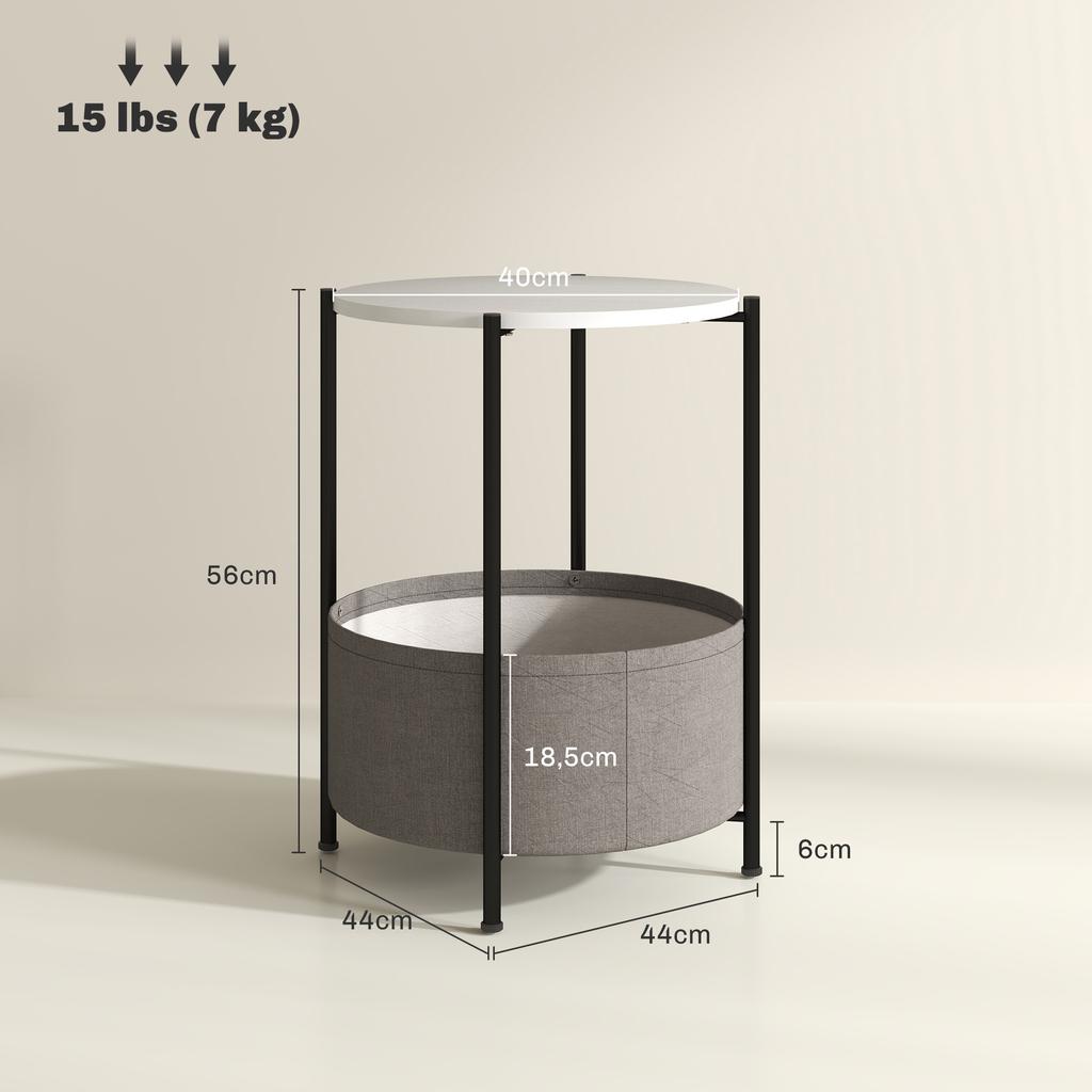 Round Side Table With Fabric Basket Two Tier Coffee Table For Living Room Bedroom Small Spaces Metal Gray White