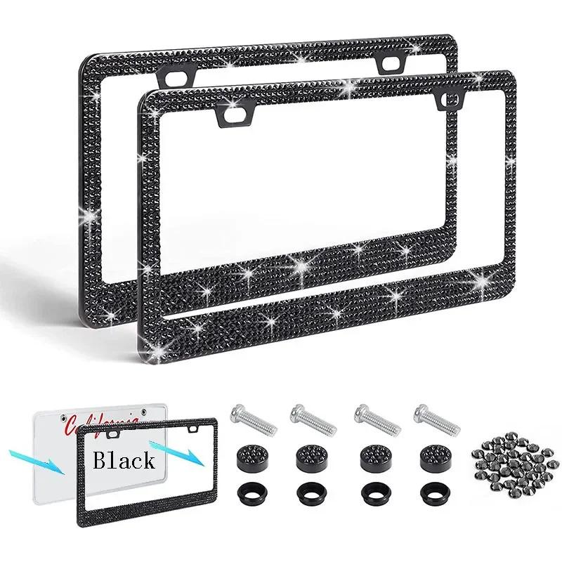 1/2pcs Bling Crystal License Plate Frame Luxury Car Frame Plate with Button Diamond Car License Plate Frame Cover for Women