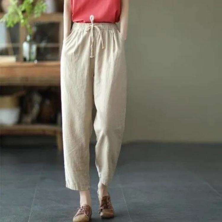 Women's Retro Cotton and Linen Casual Pants Summer Haren Pants Loose Solid Color Casual Cropped Pants