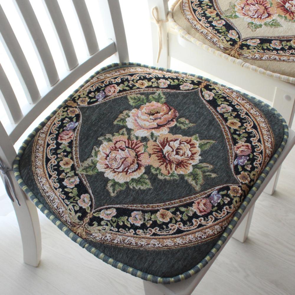 Floral Pattern Dining Chair Cushion Chenille Buttocks Pad Embroidered Chair Mat  Office Classroom
