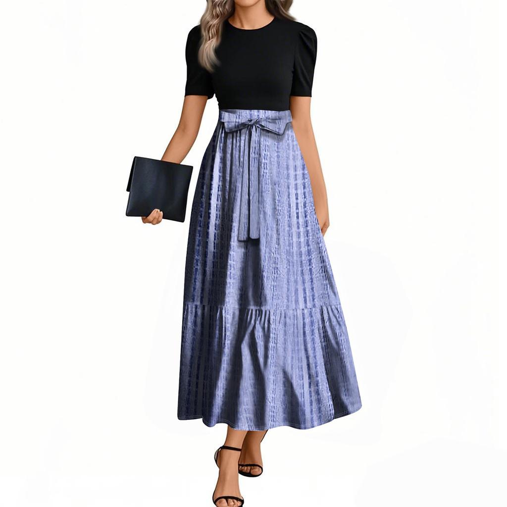 Женские модные повседневные платья с поясом, коротким рукавом, круглым вырезом, геометрическим узором, элегантные платья с темпераментом