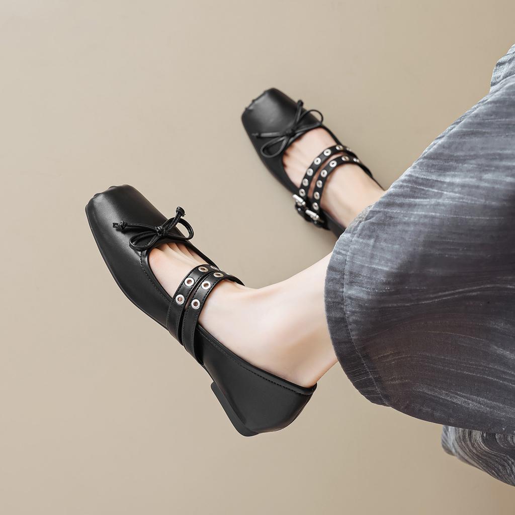 Weiwei Women's 1516-16 Square Head Single Shoes Women's Flat Bottom Shallow Mouth Bow Soft Sole Ballet Shoes with Mary Jane