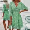 Женская мода Лето-Весна Цветочный узор с принтом 1/2 рукава V-образным вырезом с высокой талией Повседневные платья