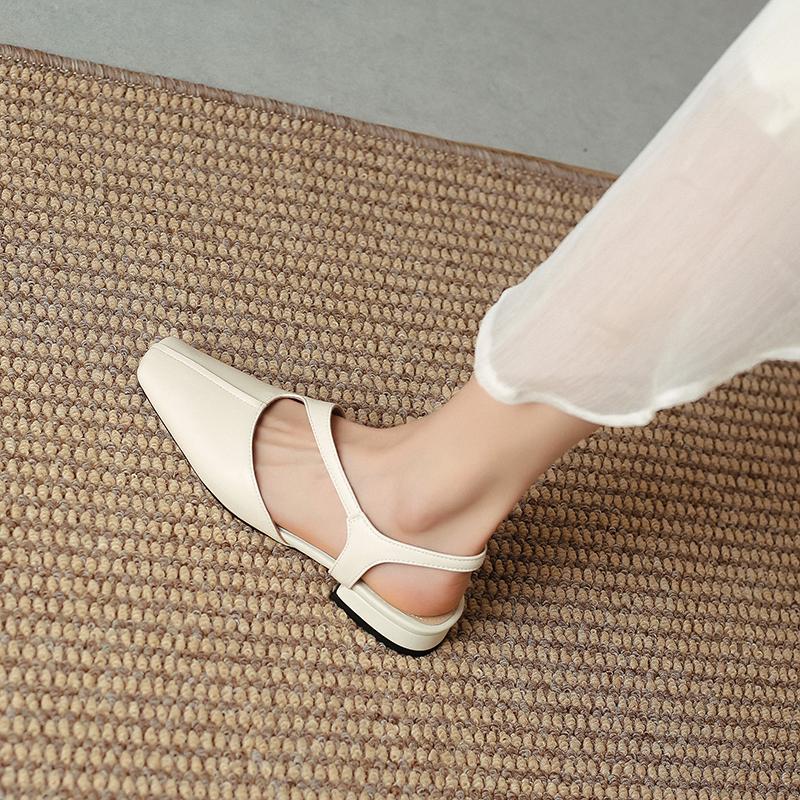 2024 Новые базовые женские босоножки на низком каблуке с квадратным носком и пряжкой на ремешке, туфли-лодочки с открытой пяткой, офисная рабочая обувь из натуральной кожи для женщин