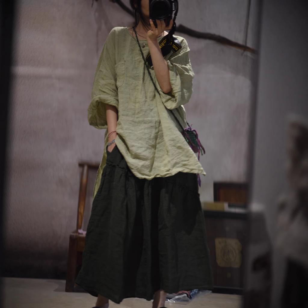 Johnature Women Vintage T-Shirts Irregular Length Solid Color Autumn O-Neck Long Sleeve Loose T-Shirts