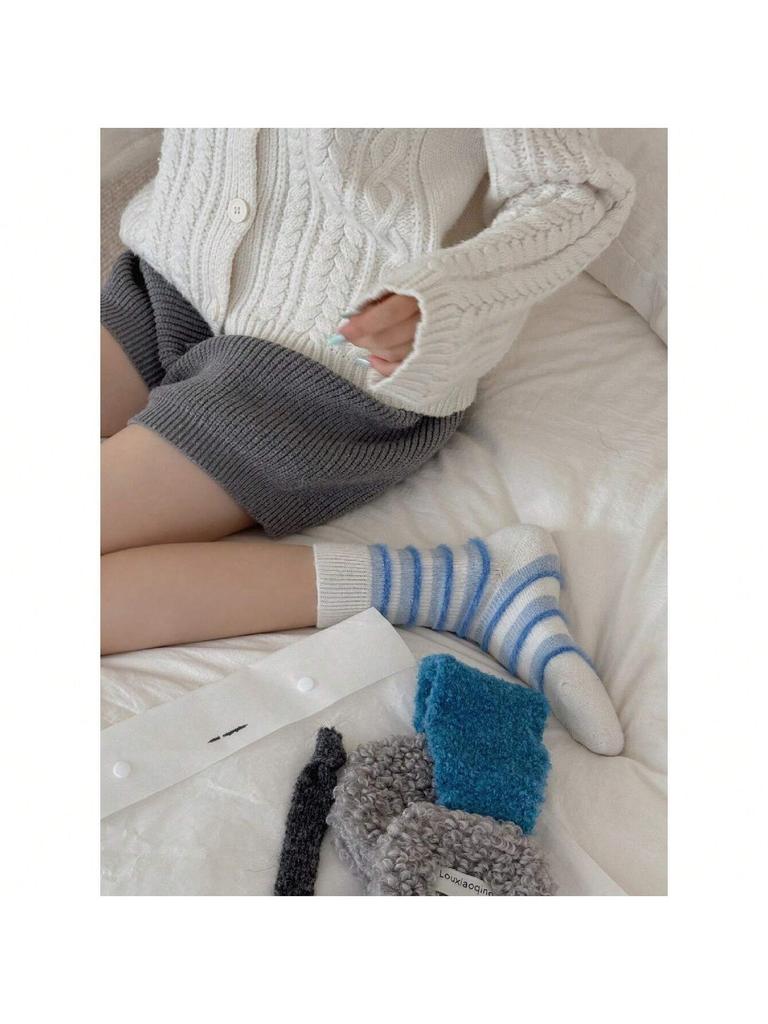Autumn Winter Thick Warm Cute Socks Korean Wool Stripe Designer Socks Middle Tube Kawaii Casual Harajuku Women Socks