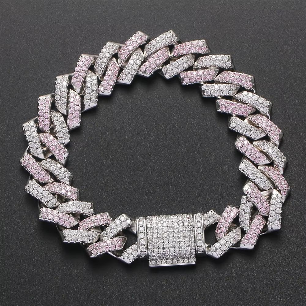 Personalized Hip Hop Rhodium Plated Jewelry 14mm Iced Out Silver and Pink CZ Rhombus Prong Cuban Link Chain Bracelet