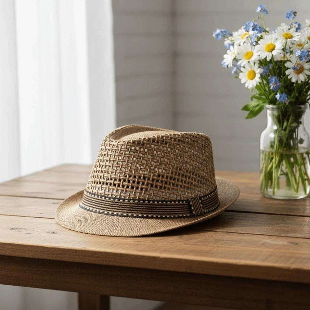 Short Brim Woven Straw Hat Breathable Vacation Beach Cap Sun Cap Men Panama Hat Summer